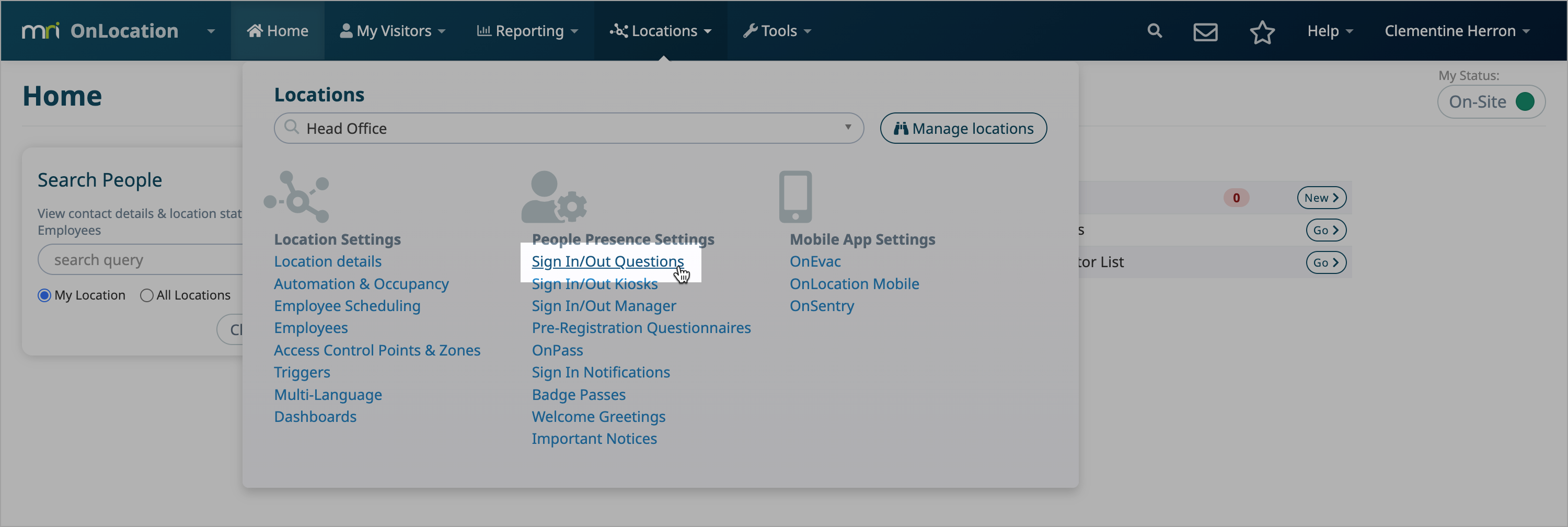 Image showing the Locations menu in OnLocation with the cursor hovering over the Sign In/Out Questions link.