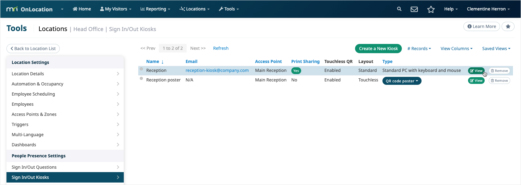 Image showing the view button in the kiosk settings in OnLocation