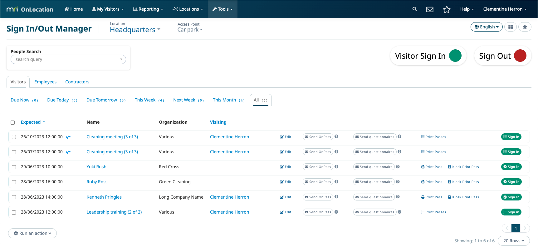 Image showing the visitor sign in tab in Sign In/Out Manager with several visitors pre-registered