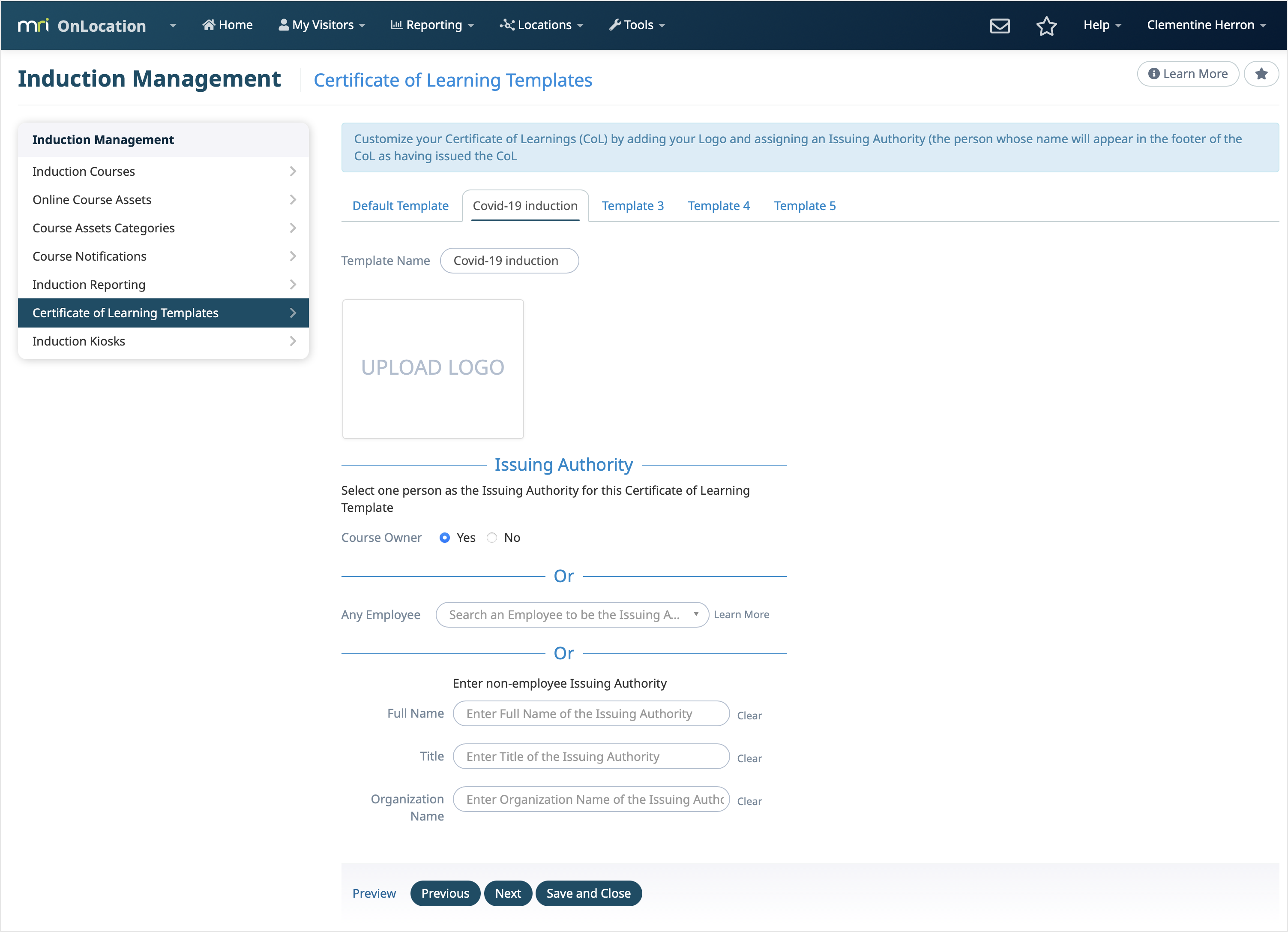 Set up a certificate template for an induction course MRI OnLocation